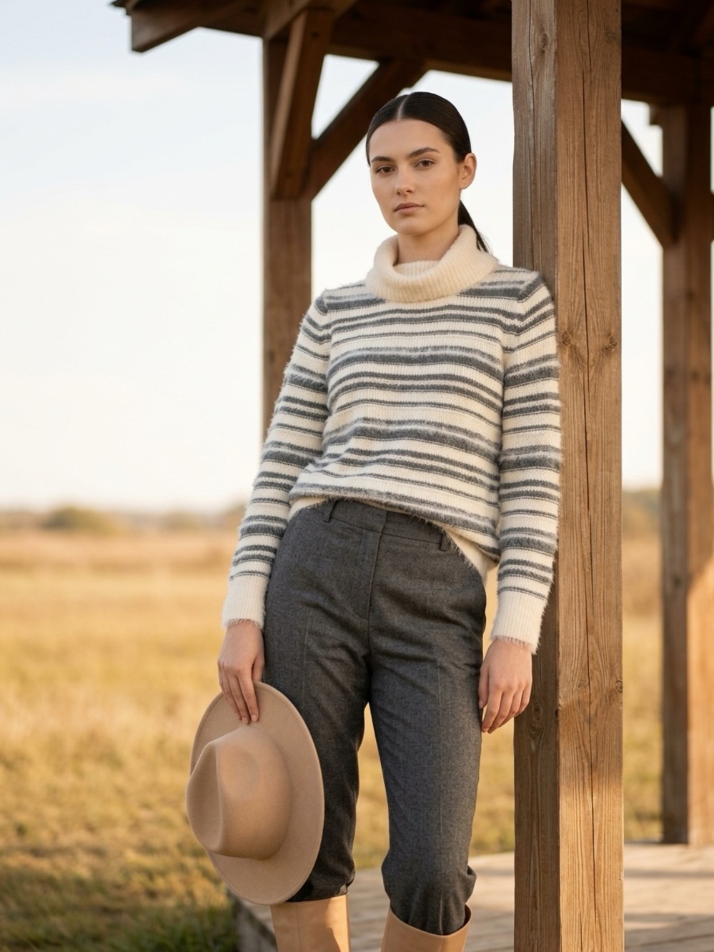 New Cleo XL Cream & Charcoal Striped Fuzzy Turtleneck Sweater.
